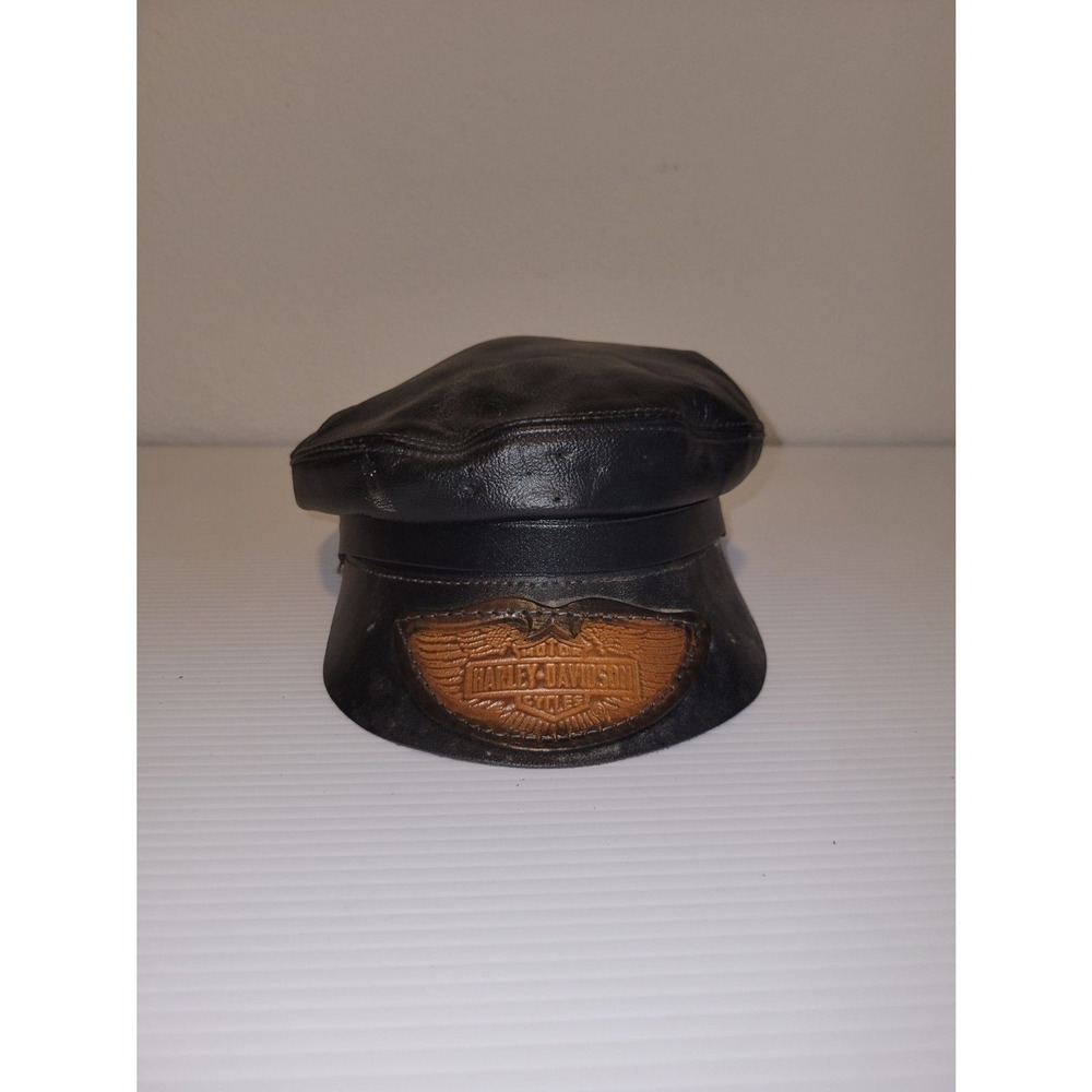 Vintage Harley Davidson Black Berman's Leather Captain's Motorcycle Cap Hat